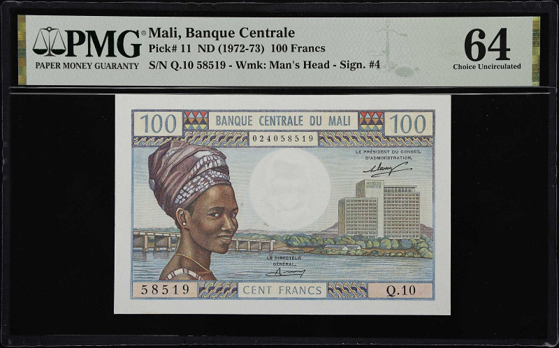 MALI. Lot of (2). Banque Centrale du Mali. 100 Francs, ND (1972-73). P-11. PMG C...