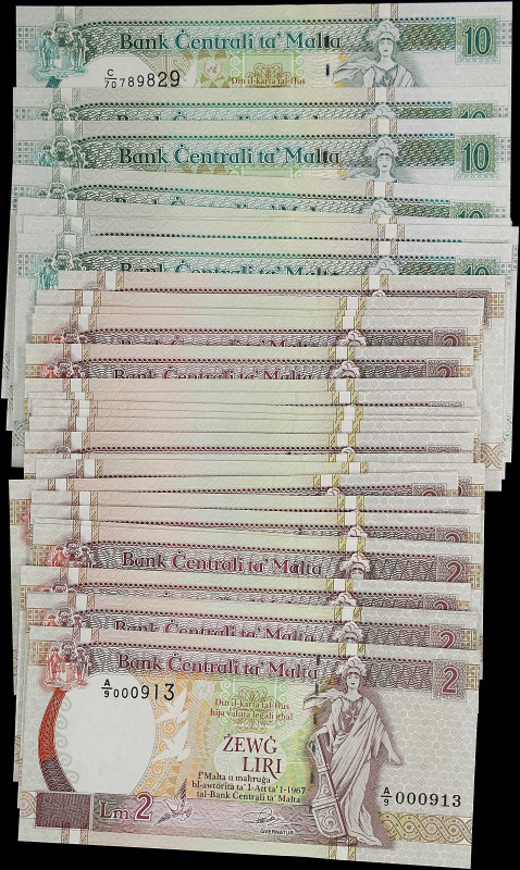 MALTA. Lot of (34). Bank Centrali ta'Malta. 2 & 10 Liri, 1967 (1989-94). P-45a, ...