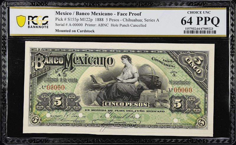 MEXICO. El Banco Mexicano. 5 Pesos, 1888. P-S155fp & S155bp. M122p. Proofs. PCGS...