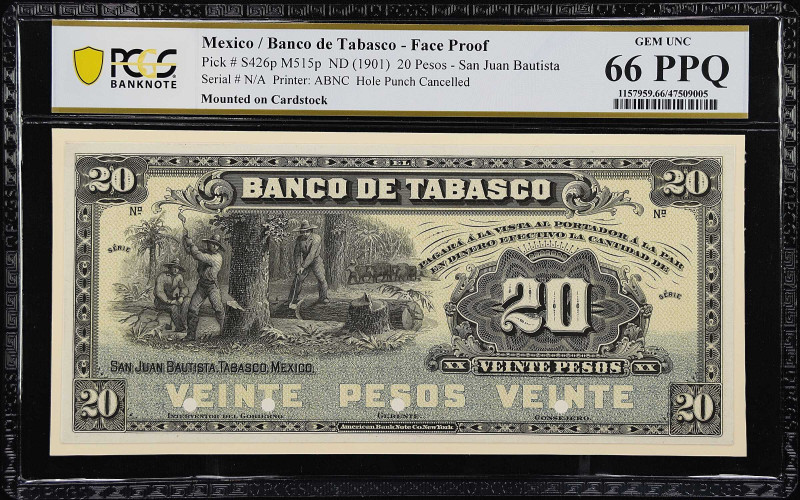 MEXICO. El Banco de Tobasco. 20 Pesos, ND (1901). P-S426fp S426bp. M515p. Proofs...