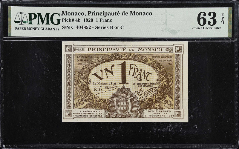 MONACO. Principaute de Monaco. 1 Franc, 1920. P-4b. PMG Choice Uncirculated 63 E...