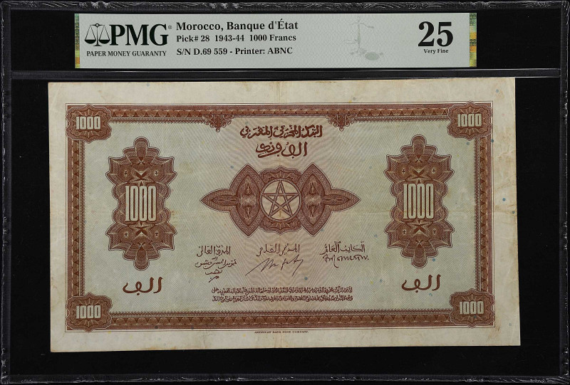 MOROCCO. Banque d'Etat du Maroc. 1000 Francs, 1943. P-28. PMG Very Fine 25.

E...