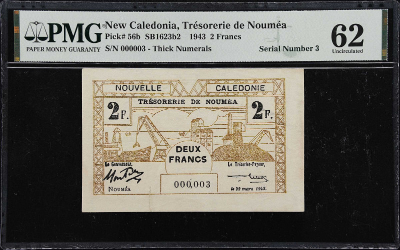 NEW CALEDONIA. Tresorerie de Noumea. 2 Francs, 1943. P-56b. PMG Uncirculated 62....