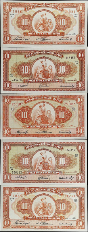 PERU. Lot of (5). Banco Central de Reserva del Peru. 10 Soles de Oro, 1956-61. P...