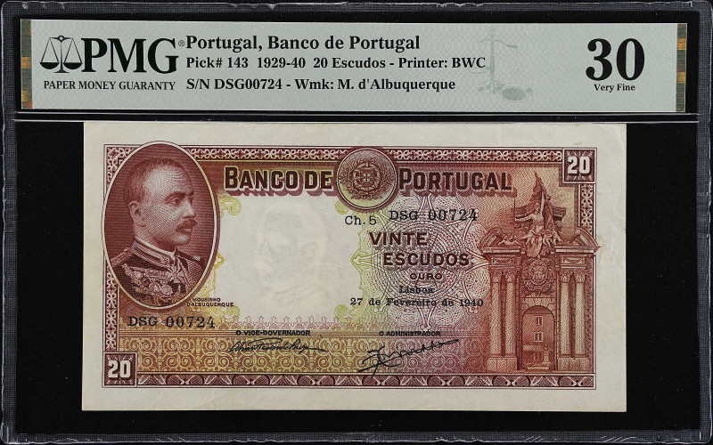 PORTUGAL. Banco de Portugal. 20 Escudos, 1929-40. P-143. PMG Very Fine 30.
PMG ...