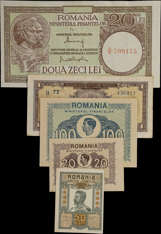 ROMANIA. Lot of (5). Romania Ministry of Finance. 1, 20, 100 Lei & 50 Bani, 1917...