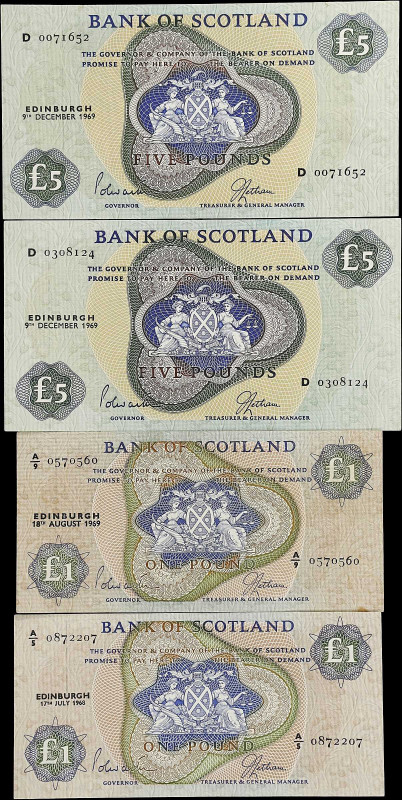 SCOTLAND. Lot of (4). Bank of Scotland. 1 & 5 Pounds, 1969. P-109b & 110b. Very ...