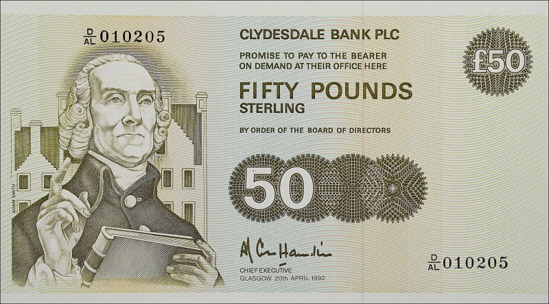 SCOTLAND. Clydesdale Bank PLC. 50 Pounds Sterling, 1992. P-222. About Uncirculat...