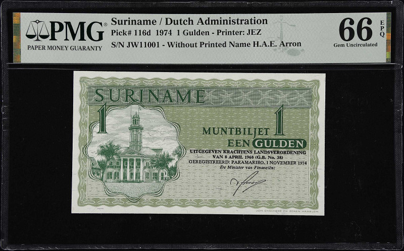 SURINAME. Suriname Government. 1 Gulden, 1974. P-116d. Binary Serial Number. PMG...