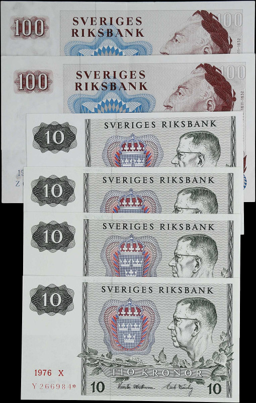 SWEDEN. Lot of (6). Sveriges Riksbank. 10 & 100 Kronor, 1971-76. P-52d* & 54b*. ...