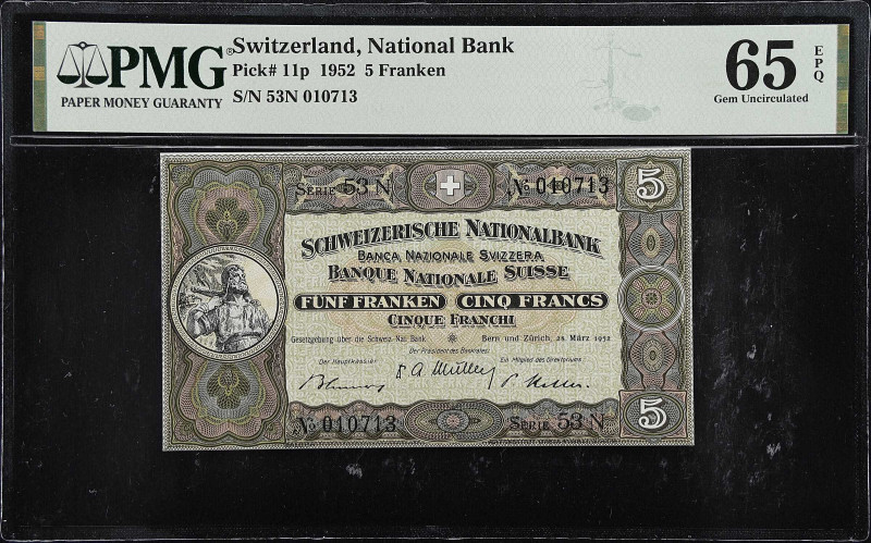 SWITZERLAND. Schweiserische Nationalbank. 5 Franken, 1952. P-11p. PMG Gem Uncirc...