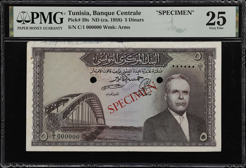 TUNISIA. Banque Centrale de Tunisie. 5 Dinars, ND (ca. 1958). P-59s. Specimen. P...