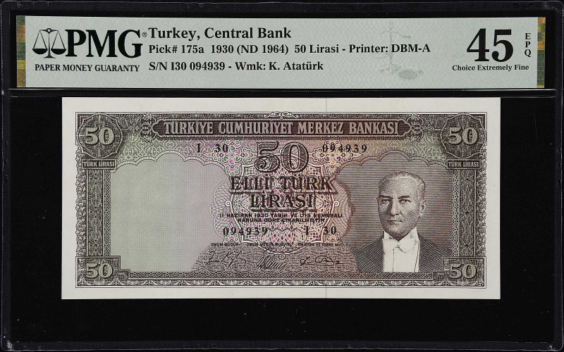 TURKEY. Turkiye Cumhuriyet Merkez Bankasi. 50 Lira, 1930 (ND 1964). P-175a. PMG ...