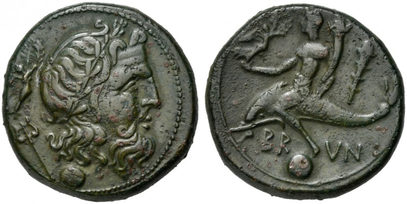 Apulia, Brundisium, Uncia, 215 BC; AE (g 8,72; mm 21; h 9); Laureate head of Pos...