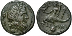 Apulia, Brundisium, Uncia, 215 BC; AE (g 8,72; mm 21; h 9); Laureate head of Poseidon r.; trident and Nike behind; below, °. Youth on dolphin l., hold...