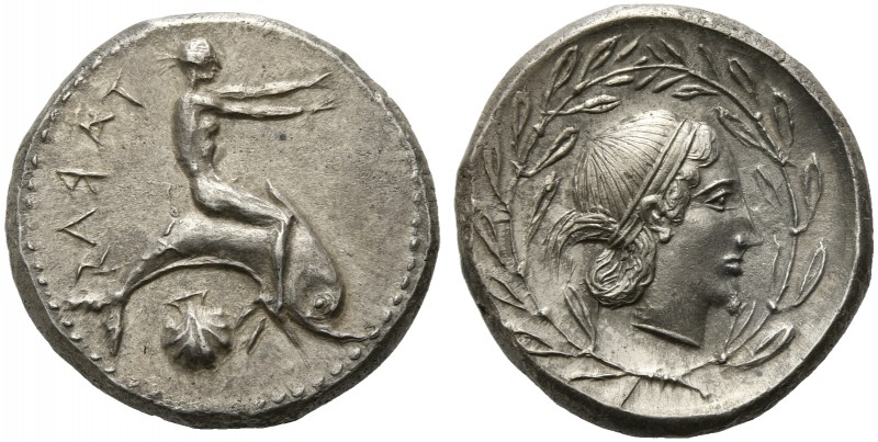 Apulia, Tarentum, Nomos, ca. 470-450 BC; AR (g 8,15; mm 23; h 9); TARAΣ (retrogr...