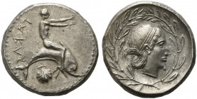Apulia, Tarentum, Nomos, ca. 470-450 BC; AR (g 8,15; mm 23; h 9); TARAΣ (retrograde), dolphin rider r., both arms extended; below, shell, Rv. Female h...