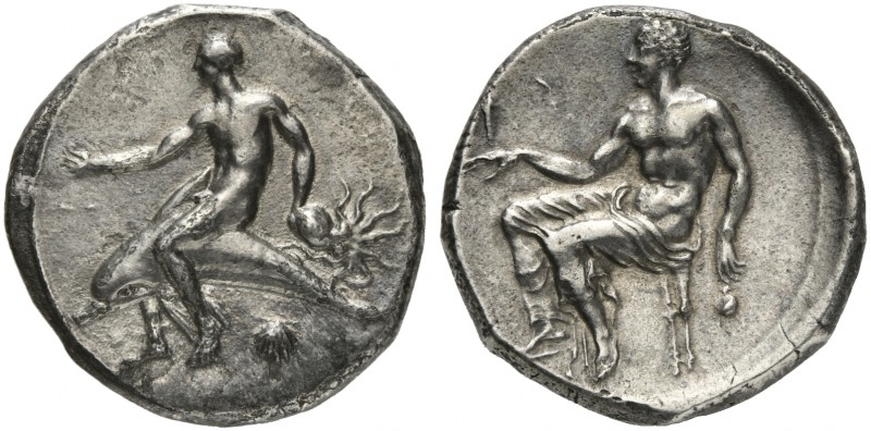 Apulia, Tarentum, Nomos, ca. 425-415 BC; AR (g 7,71; mm 22; h 4); Dolphin rider ...