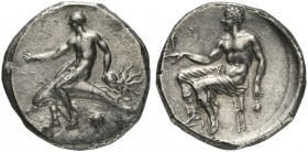 Apulia, Tarentum, Nomos, ca. 425-415 BC; AR (g 7,71; mm 22; h 4); Dolphin rider l., holding octopus; below, shell, Rv. Beardless man, wearing himation...