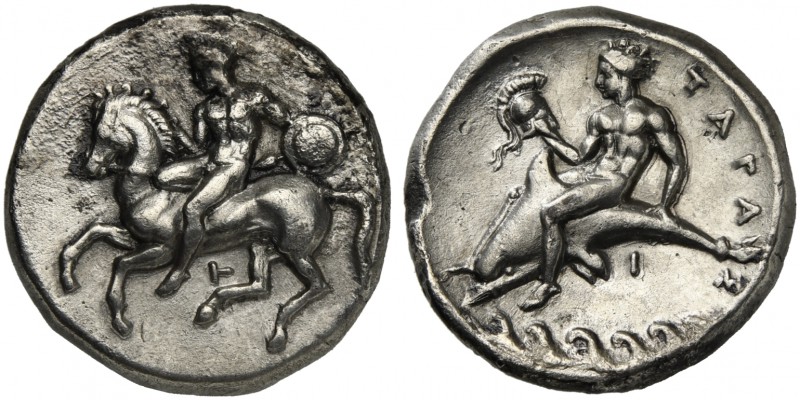 Apulia, Tarentum, Nomos, ca. 380-340 BC; AR (7,62; mm 21; h 3); Horseman gallopi...