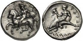 Apulia, Tarentum, Nomos, ca. 380-340 BC; AR (7,62; mm 21; h 3); Horseman galloping l., holding shield and spear; below, T, Rv. TAPA - Σ, dolphin rider...