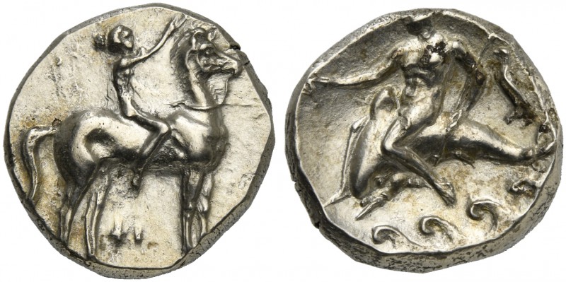 Apulia, Tarentum, Nomos, ca. 332-302 BC; AR (g 7,91; mm 20; h 2); Horseman gallo...