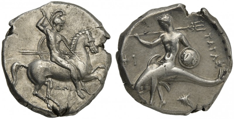 Apulia, Tarentum, Nomos, ca. 332-302 BC; AR (g 7,84; mm 21; h 8); Horseman gallo...