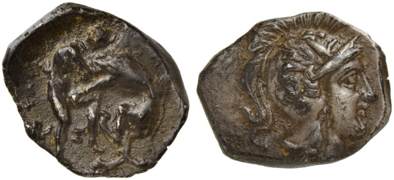 Apulia, Tarentum, Diobol, ca. 325-280 BC; AR (g 1,17; mm 12; h 5); Head of Athen...