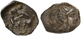 Apulia, Tarentum, Diobol, ca. 325-280 BC; AR (g 1,17; mm 12; h 5); Head of Athena r., wearing Attic helmet, decorated with a hippocamp, Rv. TARAN, Her...