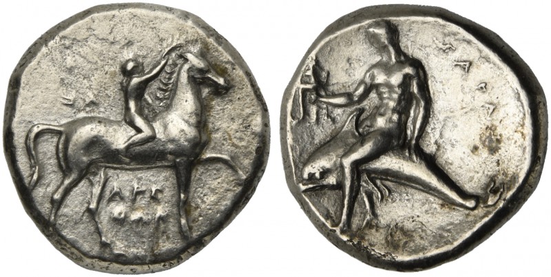 Apulia, Tarentum, Nomos, ca. 302-280 BC; AR (g 7,41; mm 21; h 3); Horseman gallo...