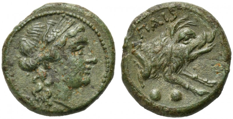 Lucania, Paestum, Sextans, ca. 218-201 BC; AE (g 3,62; mm 16; h 3); Head of Cere...
