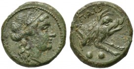 Lucania, Paestum, Sextans, ca. 218-201 BC; AE (g 3,62; mm 16; h 3); Head of Ceres r., wearing wreath of grain, Rv. PAIS, forepart of boar r.; below, °...
