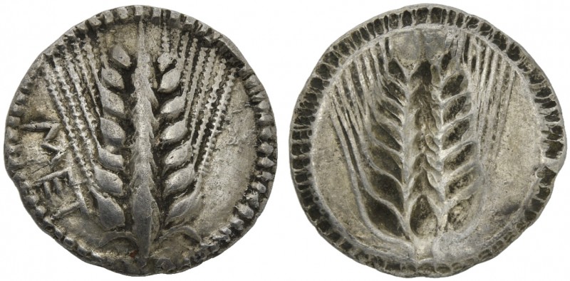 Lucania, Metapontion, Drachm, ca. 540-510 BC; AR (g 2,71; mm 17; h 12); MET, bar...