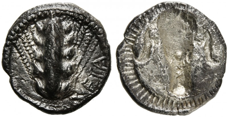 Lucania, Metapontion, Obol, ca. 470-440 BC; AR (g 1,28; mm 12; h 6); META, barle...