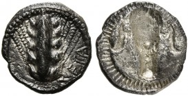 Lucania, Metapontion, Obol, ca. 470-440 BC; AR (g 1,28; mm 12; h 6); META, barley-ear, Rv. Incuse bucranium. HNItaly 1487; Noe 286.
Old cabinet tone, ...