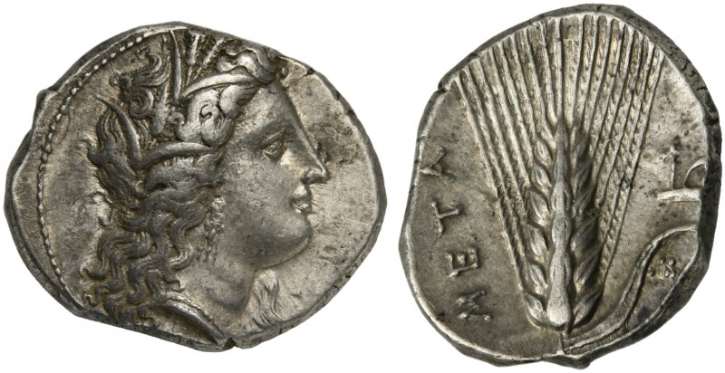 Lucania, Metapontion, Nomos, ca. 330-290 BC; AR (g 7,90; mm 23; h 9); Wreathed h...