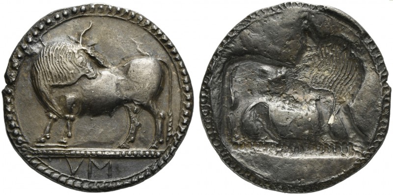 Lucania, Sybaris, Stater, ca. 550-510 BC; AR (g 8,21; mm 28; h 12); Bull advanci...