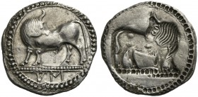 Lucania, Sybaris, Drachm, ca. 550-510 BC; AR (g 2,82; mm 20, h 12); Bull advancing l., looking backwards; in ex., MV (retrograde), Rv. Same type incus...