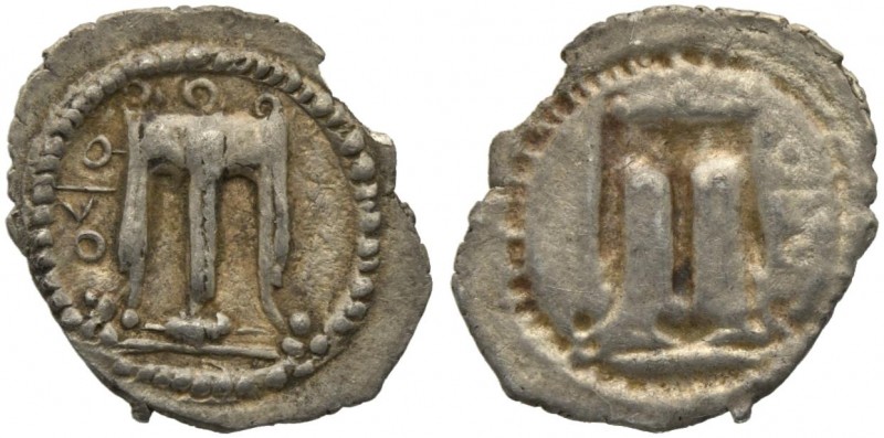 Bruttium, Croton, Hemiobol, ca. 530-500 BC; AR (g 0,19; mm 12; h 12); ϘPO, tripo...