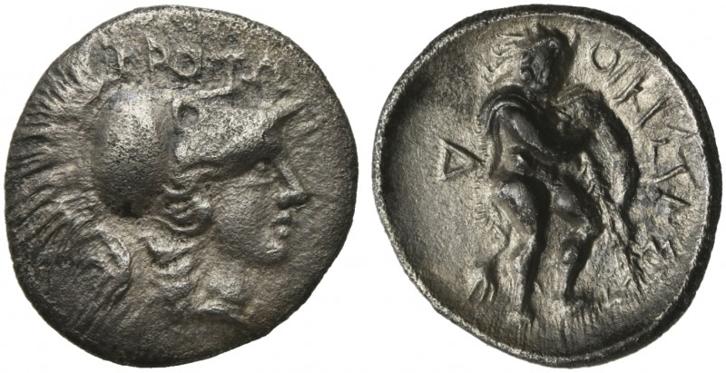 Bruttium, Croton, Triobol, ca. 300-250 BC; AR (g 0,91; mm 12; h 12); KPOTΩ, head...