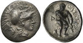 Bruttium, Croton, Triobol, ca. 300-250 BC; AR (g 0,91; mm 12; h 12); KPOTΩ, head of Athena r., wearing Corinthian helmet, Rv. OIKITAΣ, Heracles advanc...