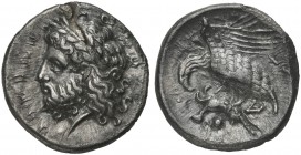 Bruttium, Lokroi Epizephyrioi, Nomos, ca. 400-350 BC; AR (g 7,20; mm 21; h 9); ΛOKPΩN, laureate head of Zeus l., Rv. Eagle flying left, holding hare i...