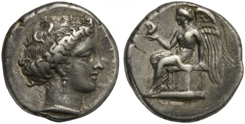 Bruttium, Terina, Stater, ca. 300-356 BC; AR (g 7,63; mm 19; h 2); TEPINAIΩN, fe...