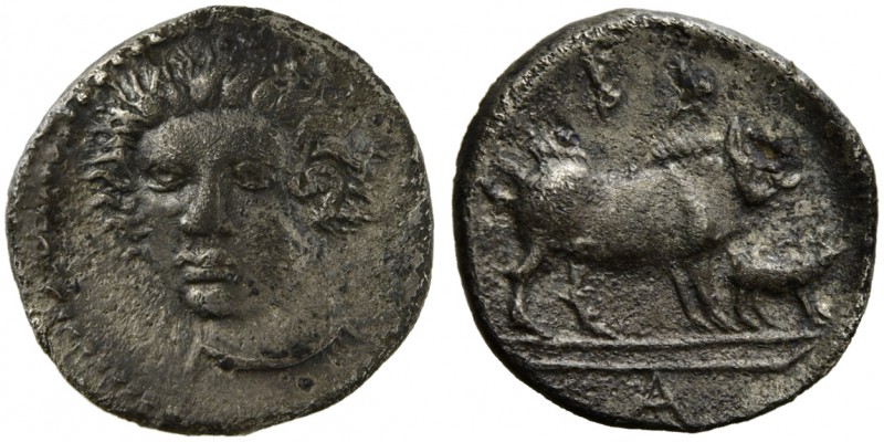 Sicily, Abakainon, Litra, ca. 420-410 BC; AR (g 0,85; mm 11; h 12); Head of fema...