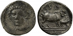 Sicily, Abakainon, Litra, ca. 420-410 BC; AR (g 0,85; mm 11; h 12); Head of female facing slightly l., Rv. Sow and piglet standing r.; above, BA; in e...