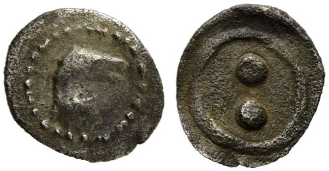 Sicily, Gela, Hexas-Dionkion, ca. 480-470 BC; AR (g 0,08; mm 6; h 6); Head of a ...