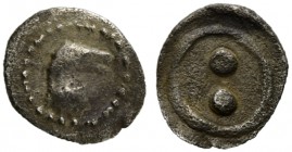 Sicily, Gela, Hexas-Dionkion, ca. 480-470 BC; AR (g 0,08; mm 6; h 6); Head of a horse to r., Rv. °°. Jenkins 201.
Very rare and nicely toned, about ex...