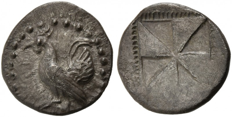 Sicily, Himera, Drachm, ca. 530-520 BC; AR (g 5,54; mm 21; h/); Cockerel advanci...
