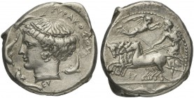 Sicily, Syracuse, Tetradrachm under the Second Democracy, signed by Eumenes and Eukleidas, ca. 415-405 BC; AR (g 17,42; mm 26; h 3); Prancing quadriga...