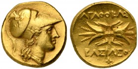 Sicily, Syracuse, 100 Litrai under tyrant Agathokles, ca. 295-289 BC; AV (g 5,63; mm 16; h 9); Head of Athena r., wearing crested Corinthian helmet, b...